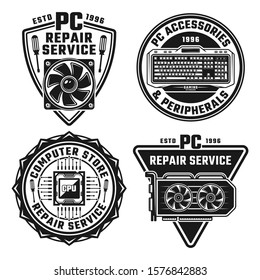 Computer repair service set of four vector monochrome emblems, badge, labels or logos isolated on white background