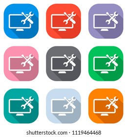Computer repair service. Set of white icons on colored squares for applications. Seamless and pattern for poster