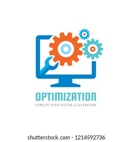 Computer repair service vector business logo template concept illustration. Wrench and gears symbols. Search engine optimization. Abstract technology electronic sign. SEO. Graphic design element.