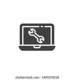 Computer repair service vector icon. filled flat sign for mobile concept and web design. Laptop screen with wrench glyph icon. Symbol, logo illustration. Vector graphics