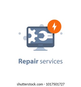 Computer Repair Services, IT Support Concept, Software Development, System Administration, Desktop Upgrade And Update, Program Installation, Vector Illustration, Flat Icon