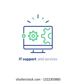 Computer repair services, IT support concept, software development, system administration, desktop upgrade and update, program installation, vector line icon