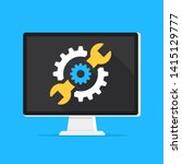 Computer repair. Support services, repair services, maintenance concepts. Desktop computer with wrench and gear on screen. Modern flat design graphic elements. Vector illustration