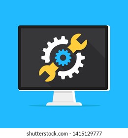 Computer repair. Support services, repair services, maintenance concepts. Desktop computer with wrench and gear on screen. Modern flat design graphic elements. Vector illustration