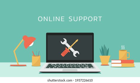 computer repair and technical support service or maintenance concept, laptop with wrench and screwdriver on screen, flat design vector illustration