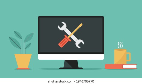 computer repair and technical support service or maintenance concept with wrench and screwdriver on screen, flat vector design illustration