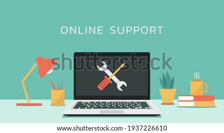 computer repair and technical support service or maintenance concept, laptop with wrench and screwdriver on screen, flat design vector illustration