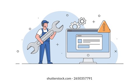 Computer repair technician fixing system errors with large wrench illustration