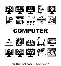 computer repair technician pc icons set vector. hardware maintenance, engineer service, support technology, upgrade motherboard computer repair technician pc glyph pictogram Illustrations