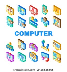computer repair technician pc icons set vector. hardware maintenance, engineer service, support technology, upgrade motherboard computer repair technician pc isometric sign illustrations