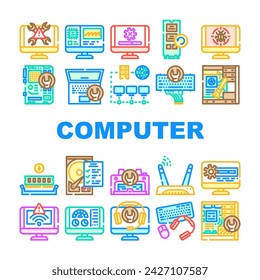 computer repair technician pc icons set vector. hardware maintenance, engineer service, support technology, upgrade motherboard computer repair technician pc color line illustrations