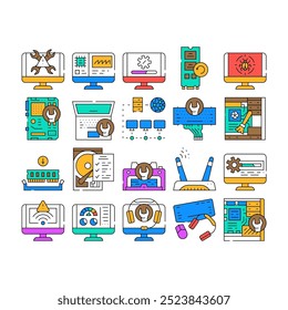 técnico de reparação de computador pc ícones definir vetor. manutenção de hardware, serviço de engenharia, tecnologia de suporte, atualizar motherboard técnico de reparação de computador pc cor do contorno Ilustrações