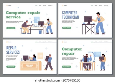 Computer repair technician services webpages bundle, flat vector illustration. Websites for services and workshop for repair of household and video appliances.