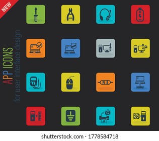 iconos web de color vectorial de reparación de computadora en fondo oscuro para el diseño de interfaz de usuario