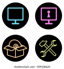 Computer Repair vector icon set in line style. Computer, network monitor and cd. Repair tols. Advertisements, signs, stickers, web banners, web sites. Isolated on a white background