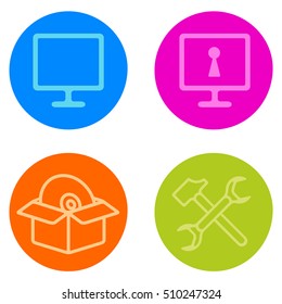 Computer Repair vector icon set in line style. Computer, network monitor and cd. Repair tols. Advertisements, signs, stickers, web banners, web sites. Isolated on a white background