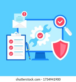 Computer repair. Vector illustration. Desktop PC repair service, technical support, hardware fixing, maintenance concepts. Modern flat design. Computer with wrench and cogwheel, shield, checklist, etc