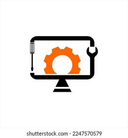 Computer repair vector logo design with screwdriver, wrench and gear with sunrise concept.