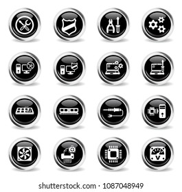 computer repair web icons - black round chrome buttons