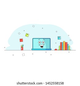 Computer repaired. Funny cartoon computer character rejoices and laughs. Workspace. Assisted. Vector illustration for blog, website, banner. Blue background. Office equipment. Emotional laptop