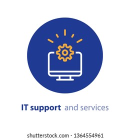 Computer repairing, IT support and services concept, software development, system administration, desktop upgrade and update, program installation, vector line icon