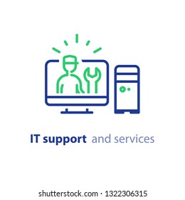 Computer repairman, maintenance services, IT support concept, software installation, system administration, desktop upgrade and update, vector line icon