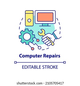 Computer repairs concept icon. Fix and problem resolve. Type of services abstract idea thin line illustration. Isolated outline drawing. Editable stroke. Roboto-Medium, Myriad Pro-Bold fonts used