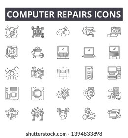 Computer repairs line icon signs. Linear vector outline illustration set concept.