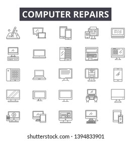 Computer repairs line icon signs. Linear vector outline illustration set concept.