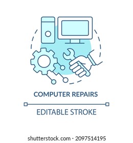 Computer repairs turquoise concept icon. Problem resolve. Type of services abstract idea thin line illustration. Isolated outline drawing. Editable stroke. Roboto-Medium, Myriad Pro-Bold fonts used