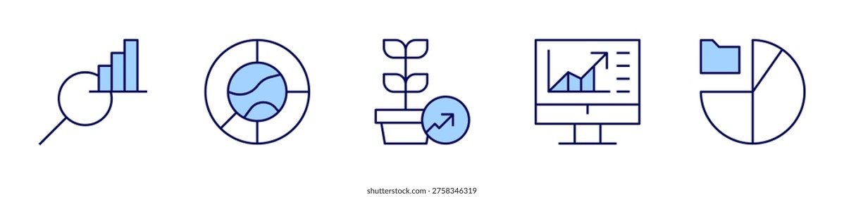 computer, report, dataanalysis, pie chart, growth. Chart Icon vector illustration. Line Duotone style. Editable stroke.
