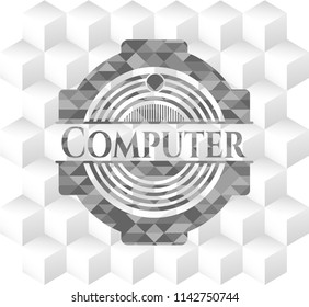 Computer retro style grey emblem with geometric cube white background