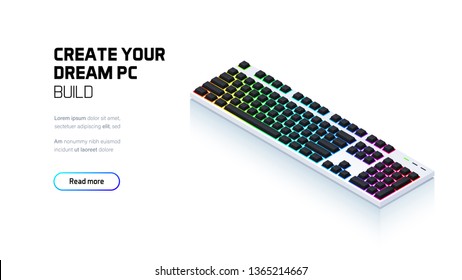 Computer RGB gaming keyboard 3d realistic isometric illustration, personal computer hardware components, custom gaming and workstation accessories, pc store and service
