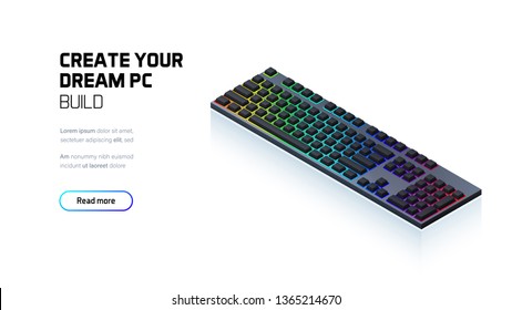 Computer RGB Gaming Keyboard 3d Realistic Isometric Illustration, Personal Computer Hardware Components, Custom Gaming And Workstation Accessories, Pc Store And Service