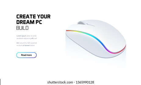 Computadora RGB ratón de videojuegos 3d ilustración isométrica realista, componentes de hardware de computadoras personales, accesorios de juegos personalizados y estaciones de trabajo, almacenamiento de pc y servicio