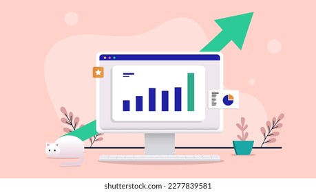 Computer with rising chart - Desktop PC with diagram on screen and green arrow showing financial growth and economy rise. Vector illustration