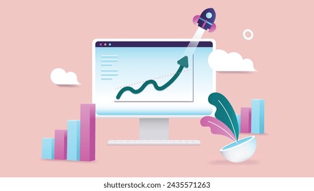 Computadora con gráfico ascendente - Pantalla de escritorio con gráfico de flecha verde apuntando hacia arriba que muestra el éxito financiero y el crecimiento del negocio. Ilustración vectorial 3d semi plana