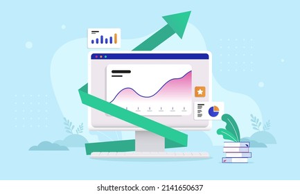 Computer with rising graph and green arrow pointing up towards digital growth. Vector illustration with blue background