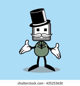 a computer or robot mascot wearing long hat with hands wide open