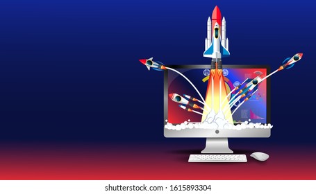 computer and rocket- creative illustration of business startup new ideas concept vector.