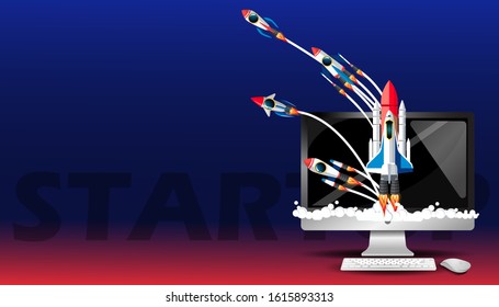 computer and rocket - creative illustration of business startup word lettering typography with  new ideas concept vector.