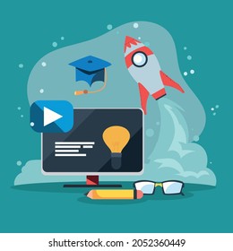 Computer rocket and education icons on blue background