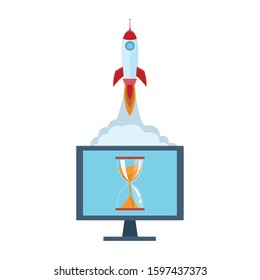 computer with rocket and hourglass over white background, vector illustration