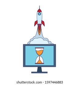 computer with rocket and hourglass over white background, colorful design, vector illustration