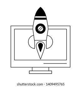computer and rocket icon cartoon vector illustration graphic design