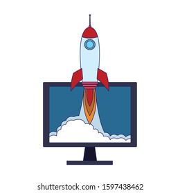computer with rocket icon over white background, vector illustration