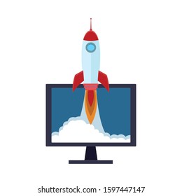 computer with rocket icon over white background, colorful design, vector illustration
