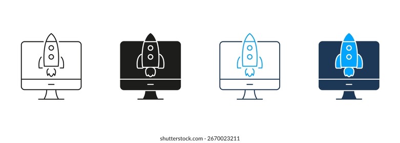 Computador Com Linha De Lançamento De Foguete E Conjunto De Ícones Sólidos. Coleção De Símbolos De Inicialização, Inovação E Avanço Tecnológico. Crescimento Dos Negócios E Transformação Digital. Ilustração de vetor isolada.