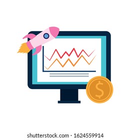 computer with rocket and money coin over white background, colorful design, vector illustration