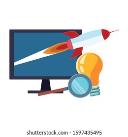 computer with rocket space and light bulb and magnifying glass over white background, vector illustration